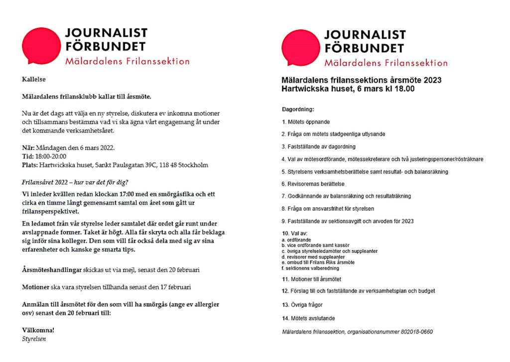 Mälardalens Frilansklubb kallar till årsmöte&nbsp;2023
